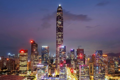 Skyline with skyscrapers city centre Futian district at night in Shenzhen, China, Asia