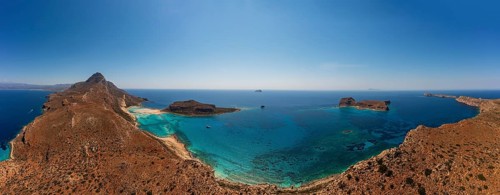 Drone shot, Gramvousa peninsula with view to the beach and bay of Balos, Kolimbari, West Crete,