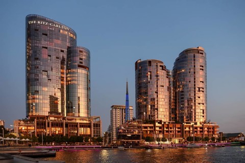 Skyline at Elisabeth Quay, blue hour, blue hour, harbour, Perth, State of Western Australia,