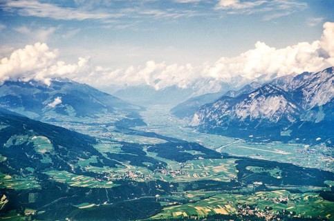 Elevated oblique view of the glaciated Inn Valley, Innsbruck, Austria, Europe 1950s View to the
