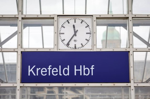 Krefeld, North Rhine-Westphalia, Germany - Krefeld main station, lettering with clock