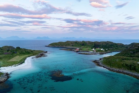 Coast of Skrova island and view of surrounding islands, sandy beaches with turquoise water,