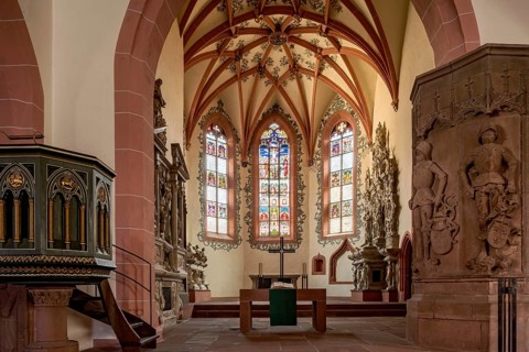 Protestant town church of the late Gothic period, pulpit, choir and tomb for the Donors Philip I