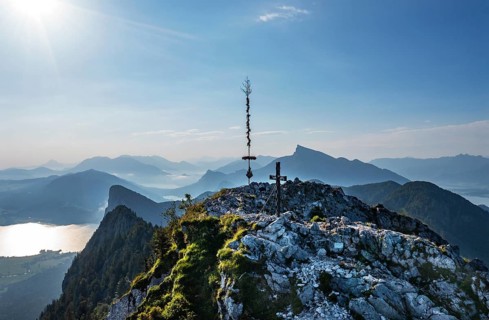 Drone shot, summit cross on the Schober with a view of the Schafberg, Osterhorn group,