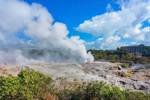 Prince of Wales and Pohutu geysers erupting, Te Puia Thermal Valley, Rotorua, Bay of Plenty, North