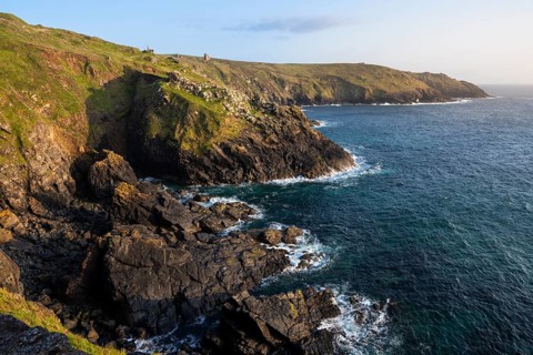 Coastal landscape at Botallack Mine, also known as Crown Mine. The ruins of Wheel Edward in the
