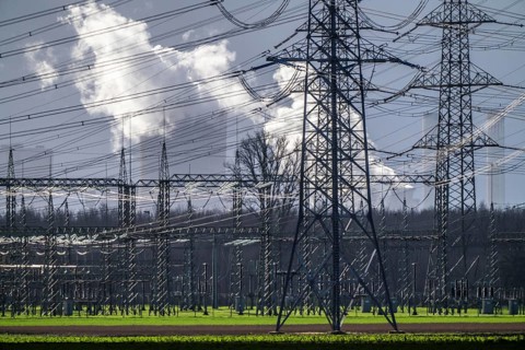 RWE Power lignite-fired power plant Niederaussem, high-voltage pylons, transformer station, power