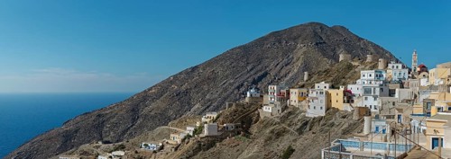Panoramic view of the traditional and picturesque village of Olymbos on the hillside overlooking