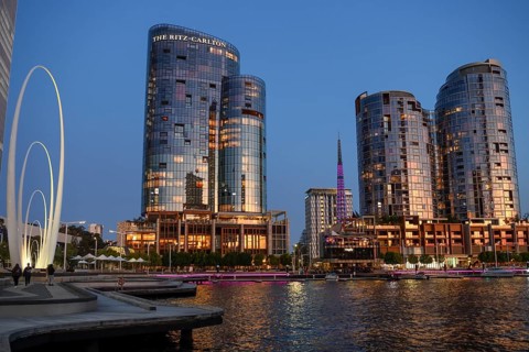 Skyline at Elisabeth Quay, blue hour, blue hour, harbour, Perth, State of Western Australia,