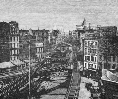 Tracks of the elevated railway in New York, technology, shops, city centre, electricity pylons,
