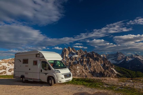 Camper paring at 2300 m sea level. Cadin mountain and surrounding area of the Tre Cime di Lavaredo