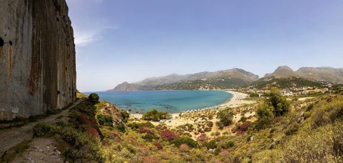 View from the Sarella peninsula to the bay and beach of Plakias, south coast, Crete, Greece, Europe