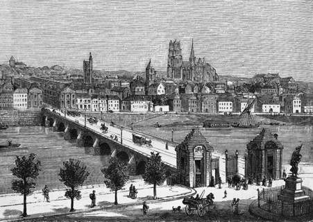 City view of Orleans on the Loire, cathedral, bridge, horse-drawn carriage, promenade, ships,