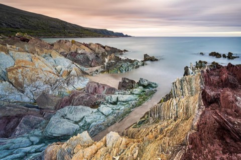 Colourful rocks on the coast, Varanger, Barents Sea, Finnmark, Norway, Europe