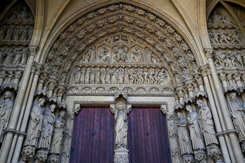 Entrance portal of the Gothic Saint-Étienne Cathedral, St Stephen's Cathedral, Metz, Grand Est