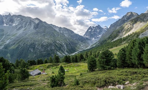 Mountain landscape near Arolla, behind mountain peak Mont Collon, Valais, Western Alps Switzerland