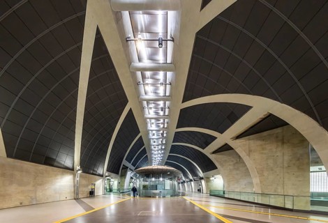 Modern architecture of the Heumarkt light rail station. Kölner Verkehrs-Betriebe AG (KVB) is a