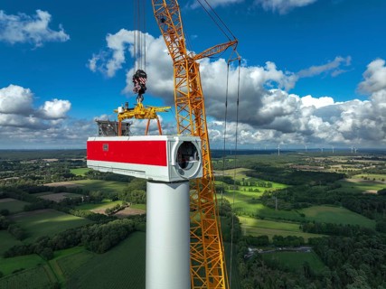 Dorsten, North Rhine-Westphalia, Germany, construction of a wind turbine, the first wind turbine of