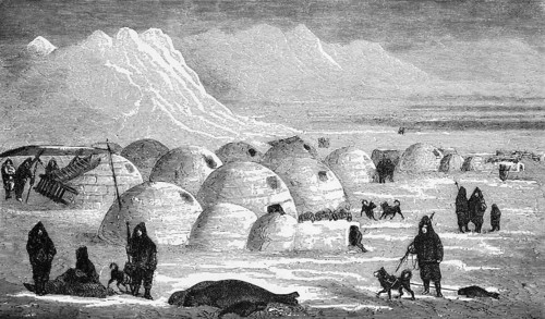 Living in igloos, an Inuit settlement on the Greenlandic Arctic Ocean, sled dogs, mountain