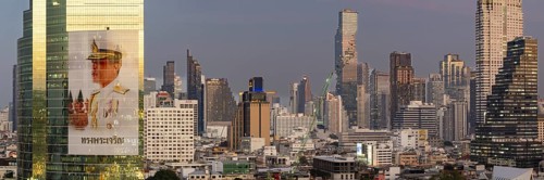 Panorama from the viewing platform of the Iconsiam on CAT Tower with huge billboard of the Thai