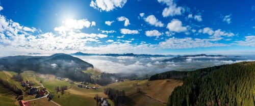 Drone shot, panoramic view over the Mondseeland in the morning fog, Mondsee, Salzkammergut, Upper