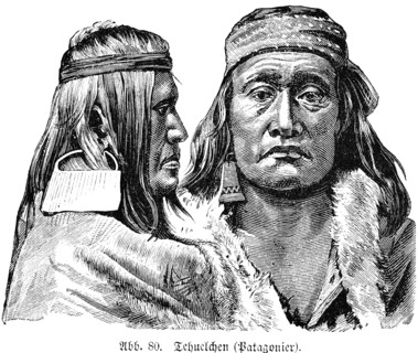 Man and woman of the indigenous Indian tribe of the Tehuelche or Tewelche, Patagonia, portrait in