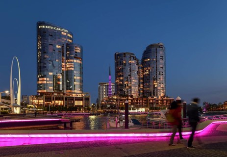 Skyline at Elisabeth Quay, blue hour, blue hour, harbour, Perth, State of Western Australia,