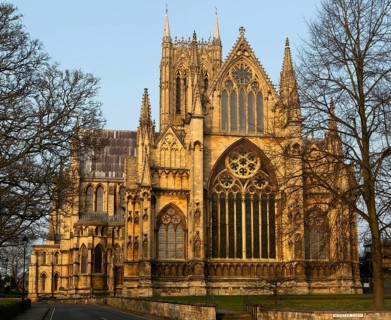 East frontage Lincoln cathedral church winter morning light, city of Lincoln, Lincolnshire,