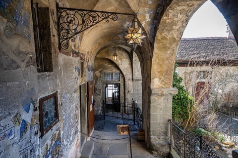 Ribbed vault, facade painting, blacksmith's art in the historic Meersburg Castle, museum, sight,