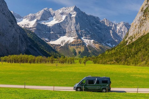Camper van, Nature conservancy area Grosser Ahornboden. Sycamore maple trees, Acer pseudoplatanus,