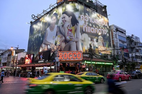 Street scene on Khaosan Road, blue hour, Bang Lamphu, Bangkok, Thailand, Asia