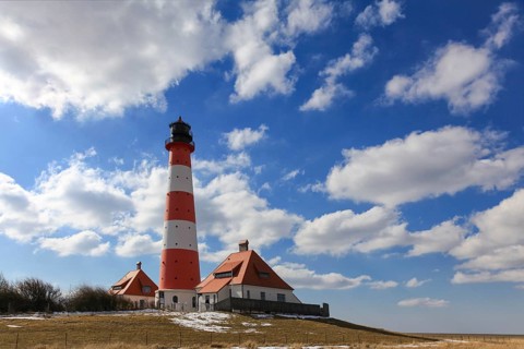 Westerheversand lighthouse in Westerhever, Wadden Sea National Park, North Frisia, Schleswig