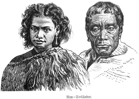 Portrait of two New Zealand Maori or Maori, young woman and old man, tattoo, ear jewellery, from