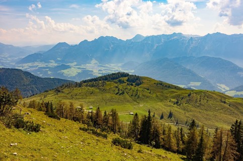 Alpbichlalm with views of the Lammertal and Tennengebirge mountains, Osterhorn group,