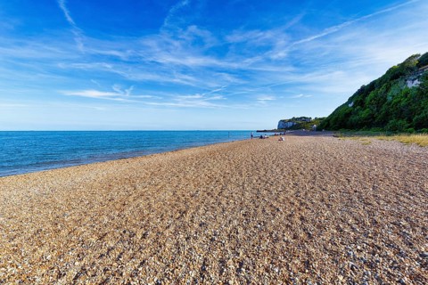 Shingle beach with chalk coast on the horizon, Cirrus, Kingsdown, Dover, Kent, England, Great