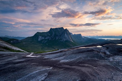 Mountains at the Efjord at sunset, Mount Stortinden, near Narvik, Tysfjord, Ofoten, Norway, Europe