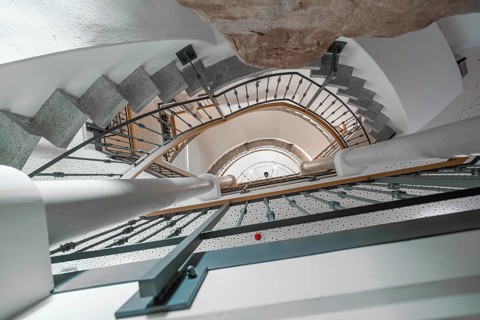 View from below through a modern staircase with stone steps, Hotel Krone Lamm, Zavelstein, Black