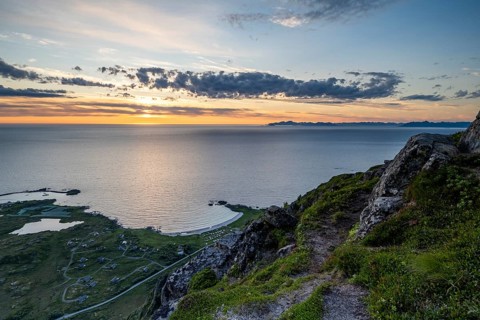 View of the coast and mountains from Mount Hoven, Gimsoy, Lofoten, Norway, Europe