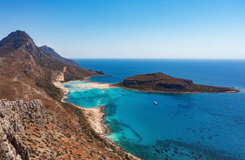 Drone shot, Gramvousa peninsula with view to the beach and bay of Balos, Kolimbari, West Crete,