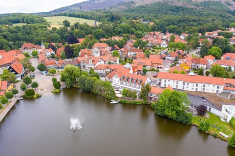 Aerial view of the old town with trout pond and monastery, Ilsenburg, Harz, Saxony-Anhalt, Germany,