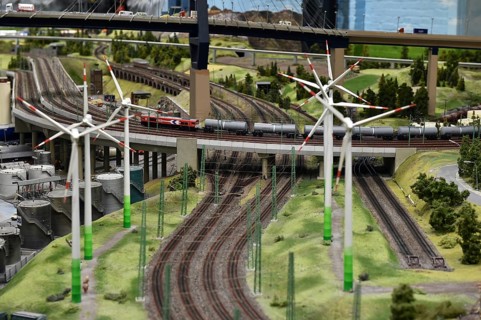 Köhlbrand Bridge, railway landscape in Miniatur Wunderland Hamburg, Germany, Europe