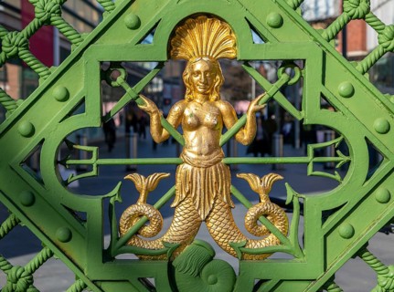 Melusine, twin-tailed mermaid, Pooley Gates, Paradise Street, Liverpool One, Liverpool city centre,