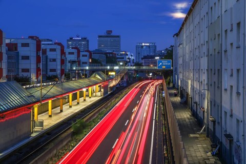Essen, North Rhine-Westphalia, Germany, A40 motorway in the city centre at dusk. Deserted