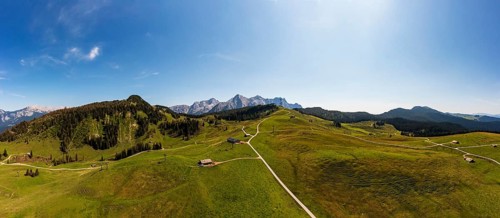 Drone shot, Hochalm, Loferer Alm with view to the Loferer Steinberge, Lofer, Pinzgau, Salzburg
