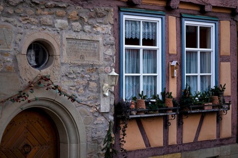 Former deaconry, half-timbered house, Schiller bust, inscription, Schiller town of Marbach am