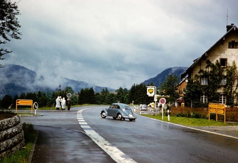 Volkswagen VW Beetle turning off the main road towards Hinterzarten, Baden-Württemberg, Germany