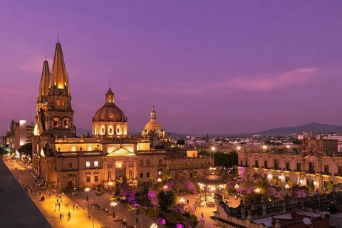 Mexico, Central Guadalajara Cathedral panoramic view in historic center Plaza de Armas, Central