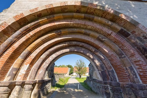 Romanesque portal as historical entrance to Altzella Monastery, Nossen, Saxony, Germany, Europe