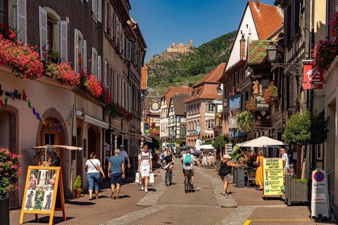 Old town and castle ruins in Ribeauville, Alsace, France, Europe