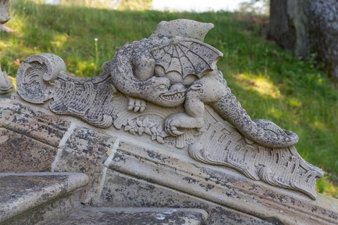 Dragon figure at the cascade in the castle park of Seehof Castle, Memmelsdorf near Bamberg,